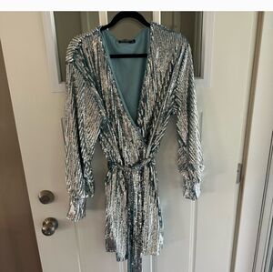 NASTYGAL Blue and silver sequin wrap dress, size 14